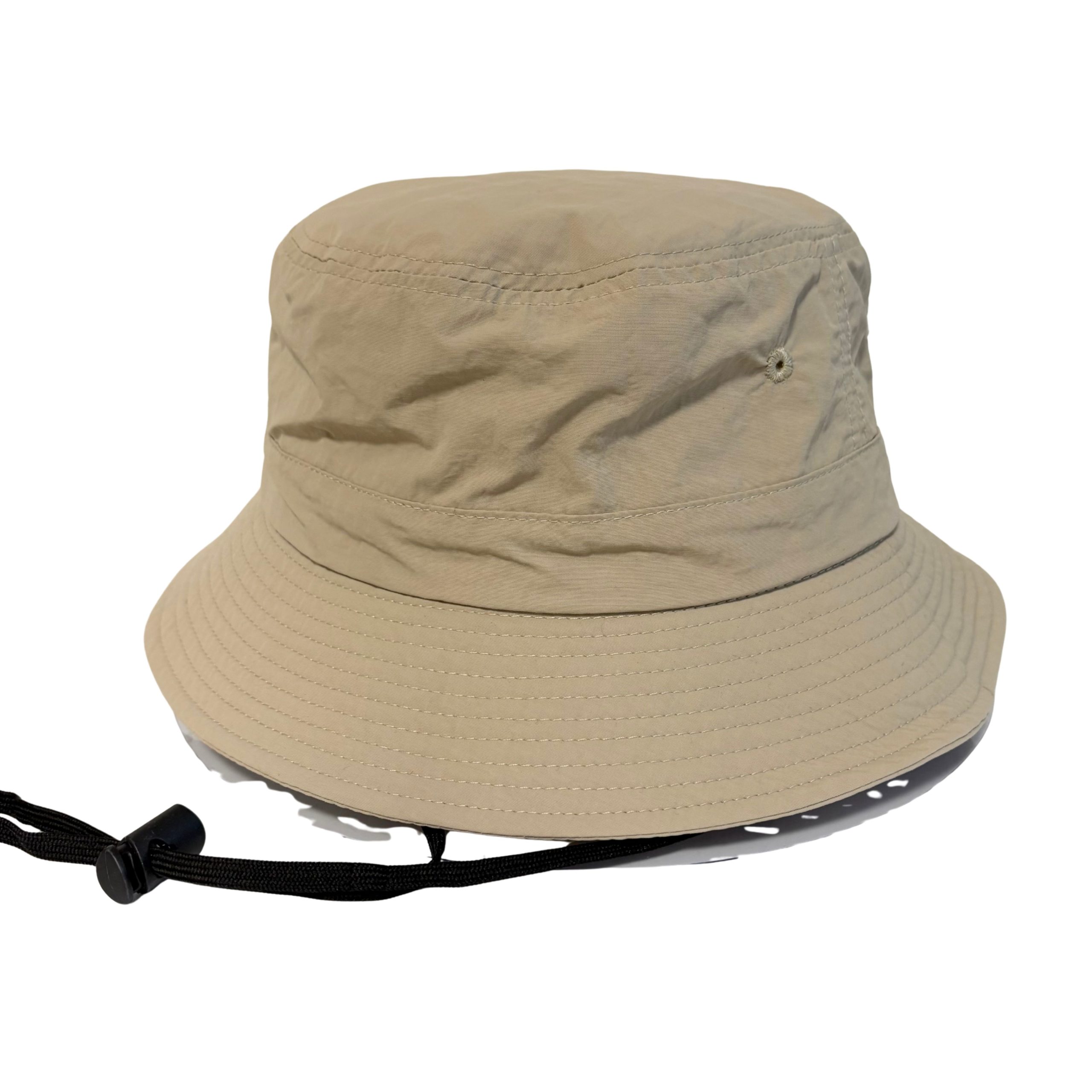 ナイロン風ホックサファリハット - ナイロン風 バケットハット ひも付き 無地 シンプル 小ぶり